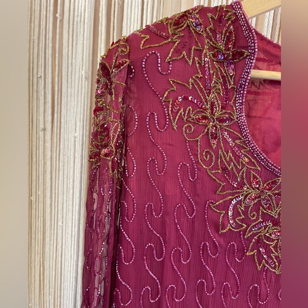 Vintage beaded, burgundy, long-sleeve cocktail sheer overlay dress - Picture 6 of 10